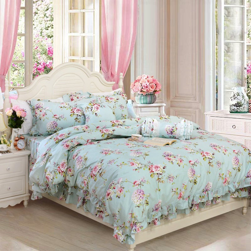 FADFAY Shabby Floarl Cotton Bedding Set Queen 4-Pieces Light Blue Hydrangea Print Duvet Cover Set with Bedskirt French Country Style with Ruffle -1 Duvet Cover, 1 Bedskirt, 2 Pillowshams - Image 1